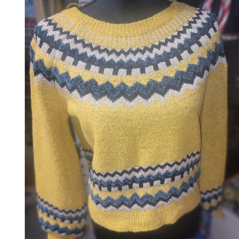 Sweet Rain Mustard Yellow Fair Isle Metallic‎ Knit Sweater Small